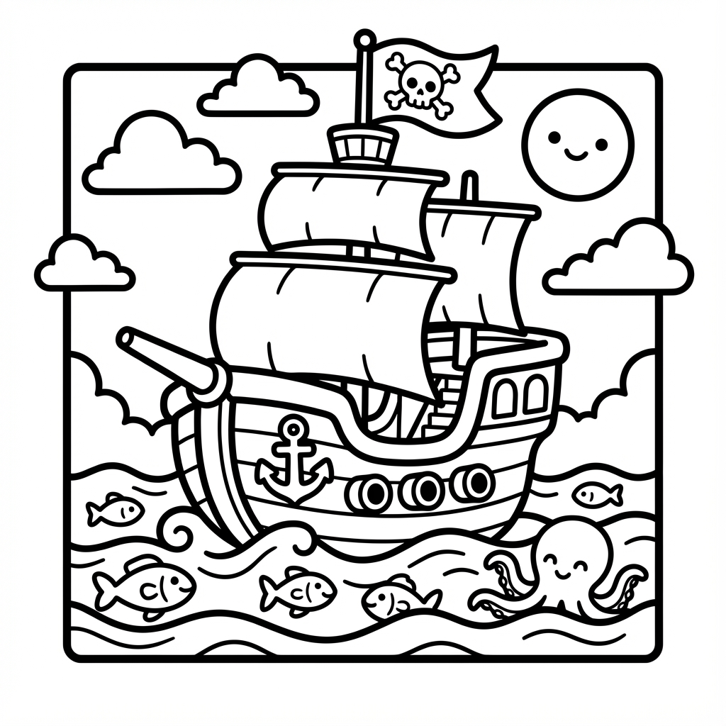 Cute pirate ship with a skull flag, a simple coloring pages with thick lines design.